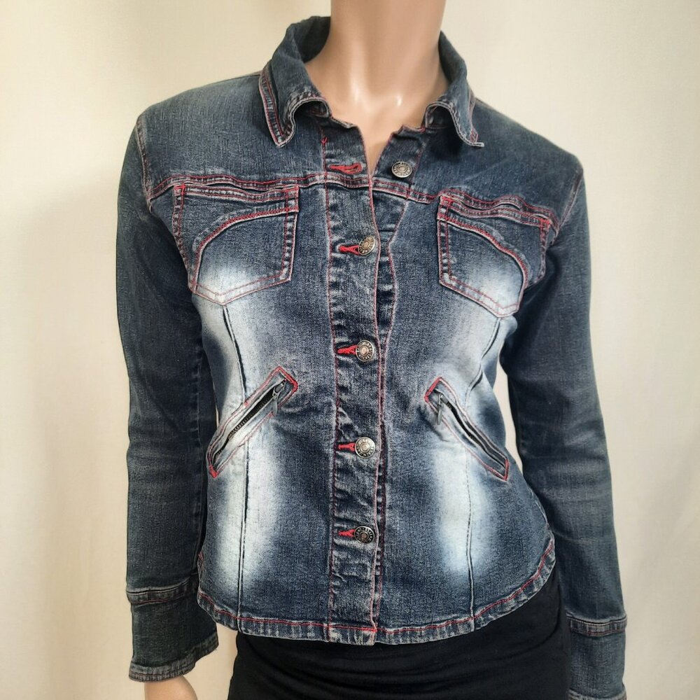 Vintage 90s Denim Shirt Jean Jacket Shacket Size 7 Western Stretch Fitted